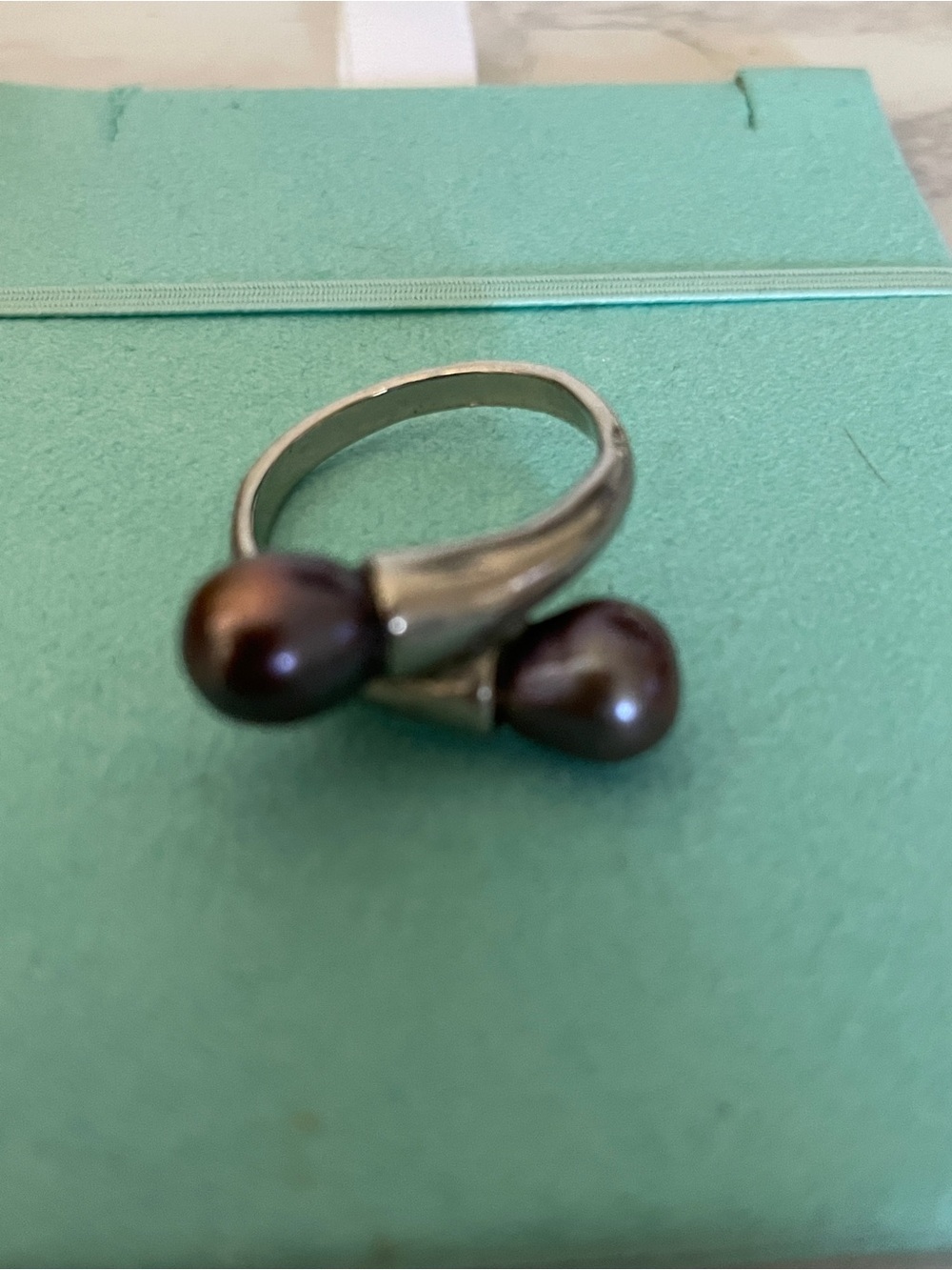 Classic Double Pearl Open Ring - blue pearls